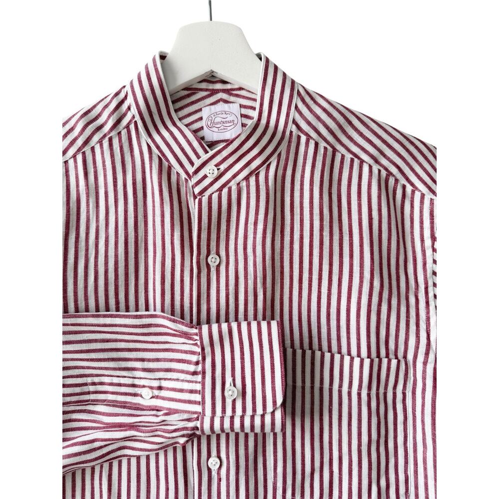 HUNTSMAN Savile Row Red White Stripe 100% Linen Single Cuff Shirt 15" 38
